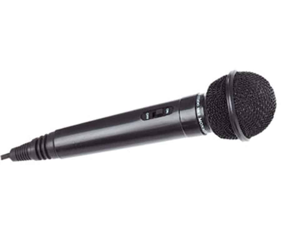Dynamische handmicrofoon DM-70 met zwarte behuizing en schakelaar, geschikt voor muziek en versterking.