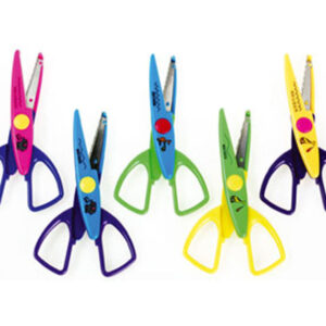 Set van 5 gekartelde en golfscharen, 13 cm, in verschillende kleuren: roze, blauw, groen, paars en geel.