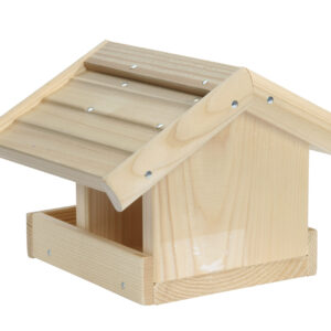 Vogelhuisje kit van onbehandeld hout met een schuin dak en open voorkant voor vogels. Geschikt voor handvaardigheid.