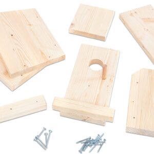 Nestkast kit met houten platen, schroeven en onderdelen voor het maken van een vogelhuisje.
