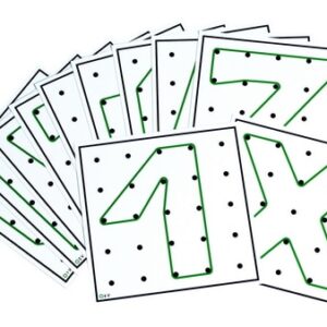 Geobord oefenkaarten set 1, 12 dubbelbedrukte kaarten van 16 x 16 cm met elastiek, voor geometrie en rekenen.