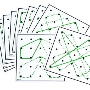 Geobord oefenkaarten set 1, 12 dubbelbedrukte kaarten van 16 x 16 cm met diverse geometrische patronen en elastieken.