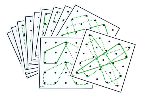 Geobord oefenkaarten set 1, 12 dubbelbedrukte kaarten van 16 x 16 cm met diverse geometrische patronen en elastieken.