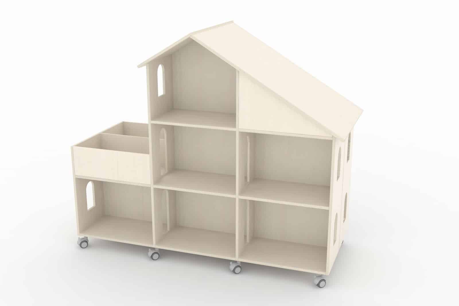 Groot, verrijdbaar poppenhuis met open structuur, ideaal voor fantasierijk spel en samenwerking van meerdere kinderen.