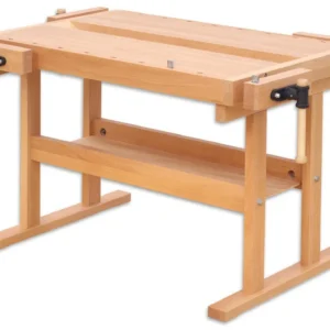 Werkbank Doel van hout, afmetingen 125 x 85 x 85 cm, met klemmen en een onderste plank voor extra opslag.
