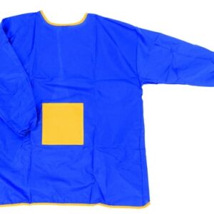Blauwe schilderschort voor kinderen van 9-12 jaar met gele details, ideaal voor creatief werk en bescherming tegen verf.