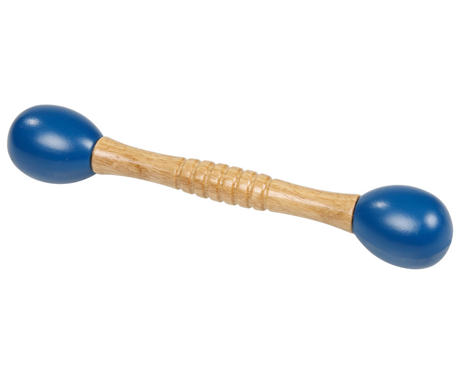 Blauwe maracas-bar met houten handvat, ideaal voor muzikale activiteiten en ritmeontwikkeling.