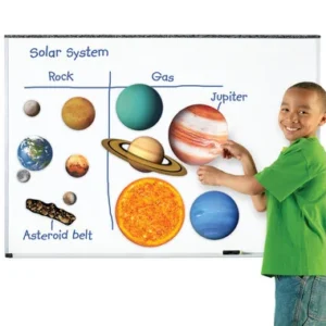 Magnetisch zonnestelsel met planeten, zon en maan op een whiteboard, gepresenteerd door een jongen in een groene shirt.