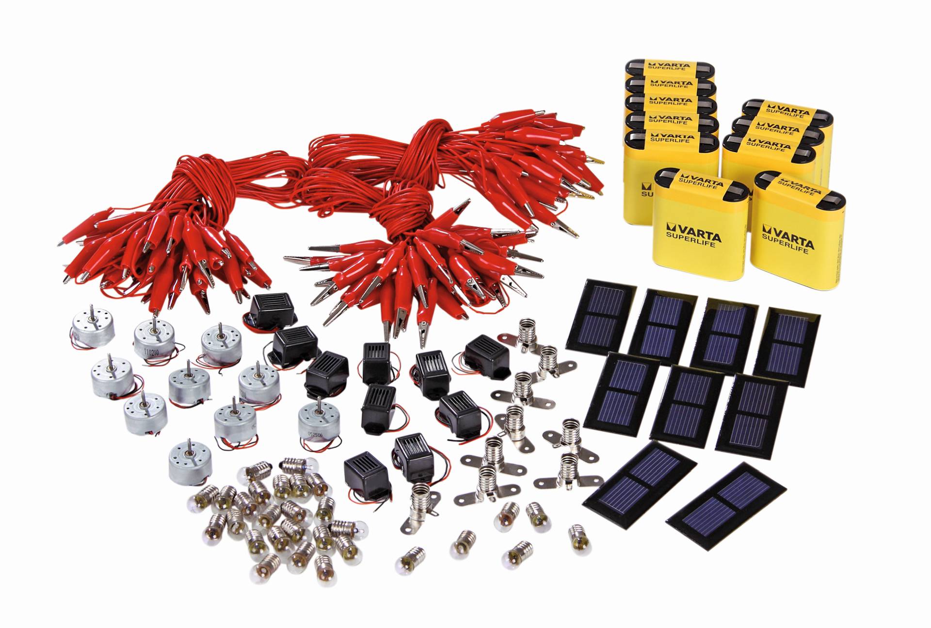 Set van 128 elektrische materialen in opbergdoos, ideaal voor natuurkunde en groepsactiviteiten in de klas.