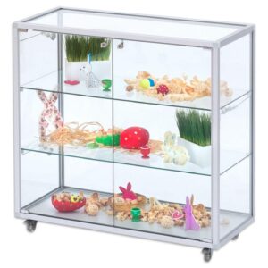 Toonbank vitrine met aluminium frame en gehard glas, perfect voor het beschermen van tentoonstellingsstukken.