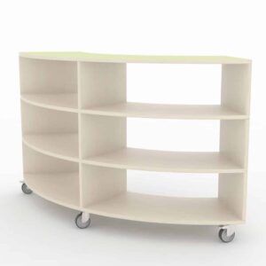 Open Gebogen Kast met speels ontwerp, open vakken en wielen, ideaal voor moderne leeromgevingen en speelgoedopslag.