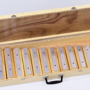 Zeshoekige houten klankstaven set in een houten koffer, met verschillende toonhoogtes voor muzikaal leren.