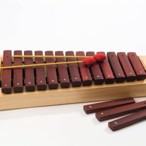 Compact sopraanxylofoon met houten toetsen, twee mallets en losse klankstaven, ideaal voor jonge muzikanten.