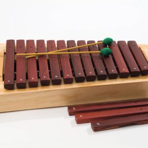 Compacte altxylofoon met stevige houten toetsen en twee groene mallets, ideaal voor muzieklessen en leermiddelen.