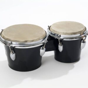 Bongo ABS, stevige kunststof trommel met twee leren membranen en metalen bevestigingen, geschikt voor muzieklessen.