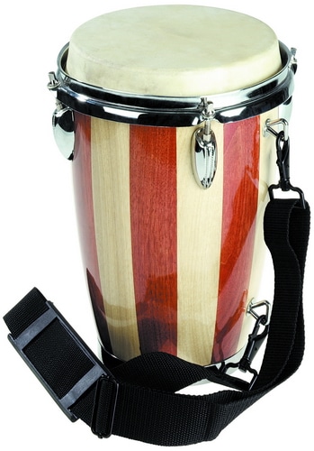 Kleine conga met een houten afwerking en een leren bovenkant, inclusief een verstelbare schouderband.