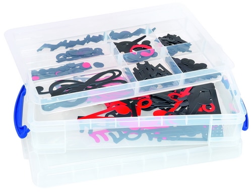 Magnetische noten set in zwart en rood, georganiseerd in een doorzichtige doos met meerdere vakken.