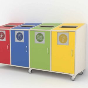 Afvalscheidingsstation met vier kleurrijke compartimenten voor recycling, voorzien van duidelijke iconen en wielen voor mo...