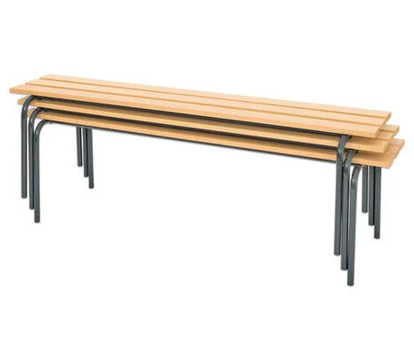 Stapelbare garderobebank van 200 cm, beukenhout met zwart/grijze metalen poten, geschikt voor gym en sportdagen.