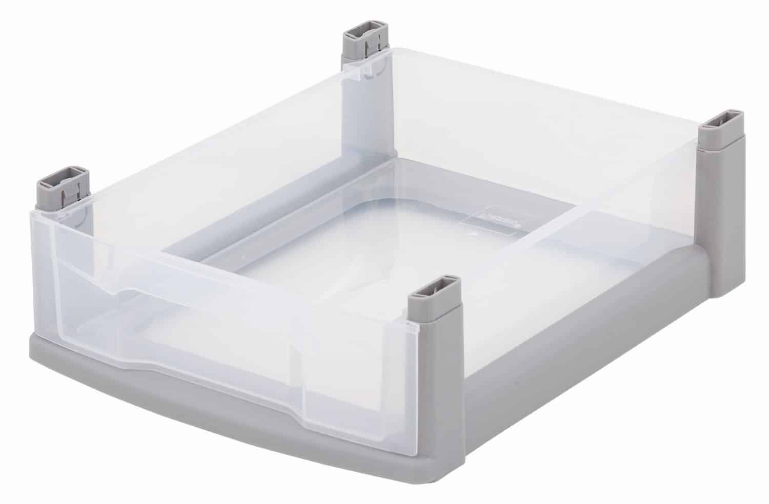 Compacte grijze opberglade van 8 cm hoog, geschikt voor Flexeo-opbergsystemen, met transparante bodem en stevige hoeken.
