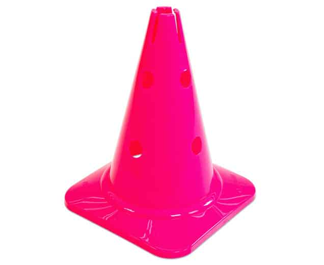 Roze kegel van 30 cm met gaten, geschikt voor gym en sportdagen, leermiddelen en parcours.