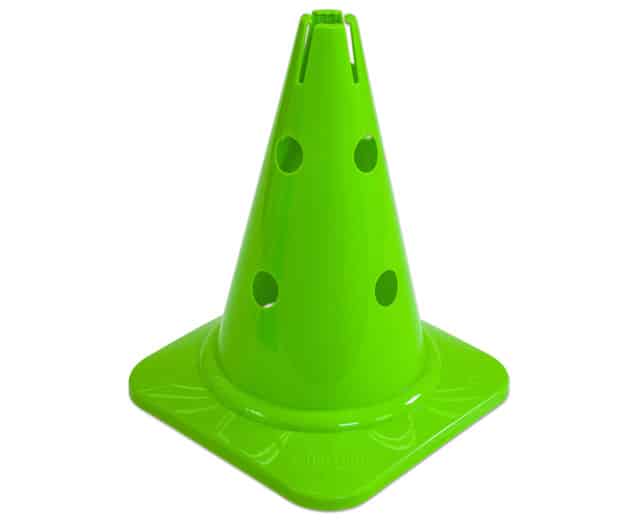 Groene kegel van 30 cm met gaten, geschikt voor gym, sportdagen en leermiddelen.