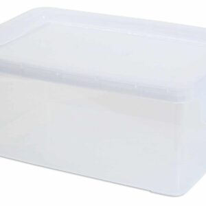 Transparante opbergdoos van 26 x 18 x 11 cm, met een deksel en stevige handgrepen voor eenvoudig opbergen.
