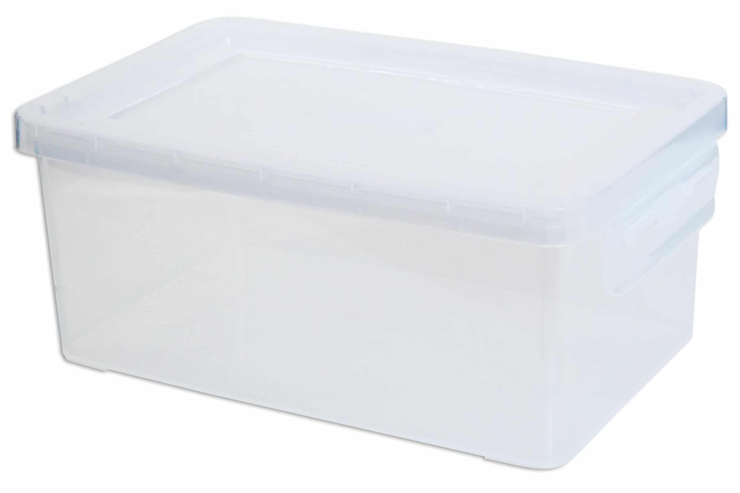 Transparante opbergdoos van 26 x 18 x 11 cm, met een deksel en stevige handgrepen voor eenvoudig opbergen.
