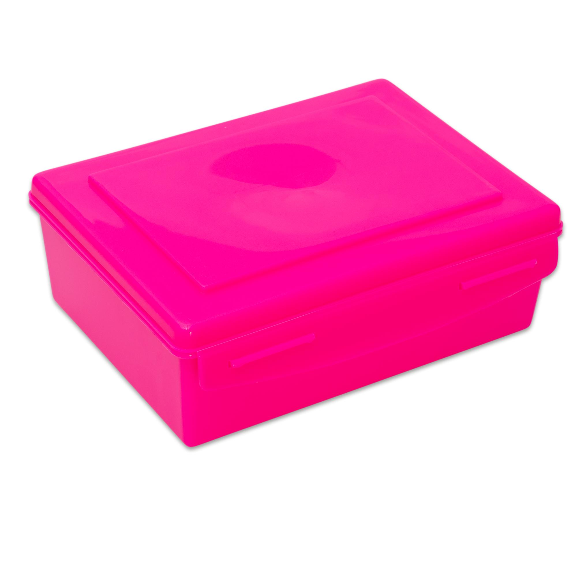 Transparante roze doos van 1,4 liter met een deksel, geschikt voor opslag en organisatie.