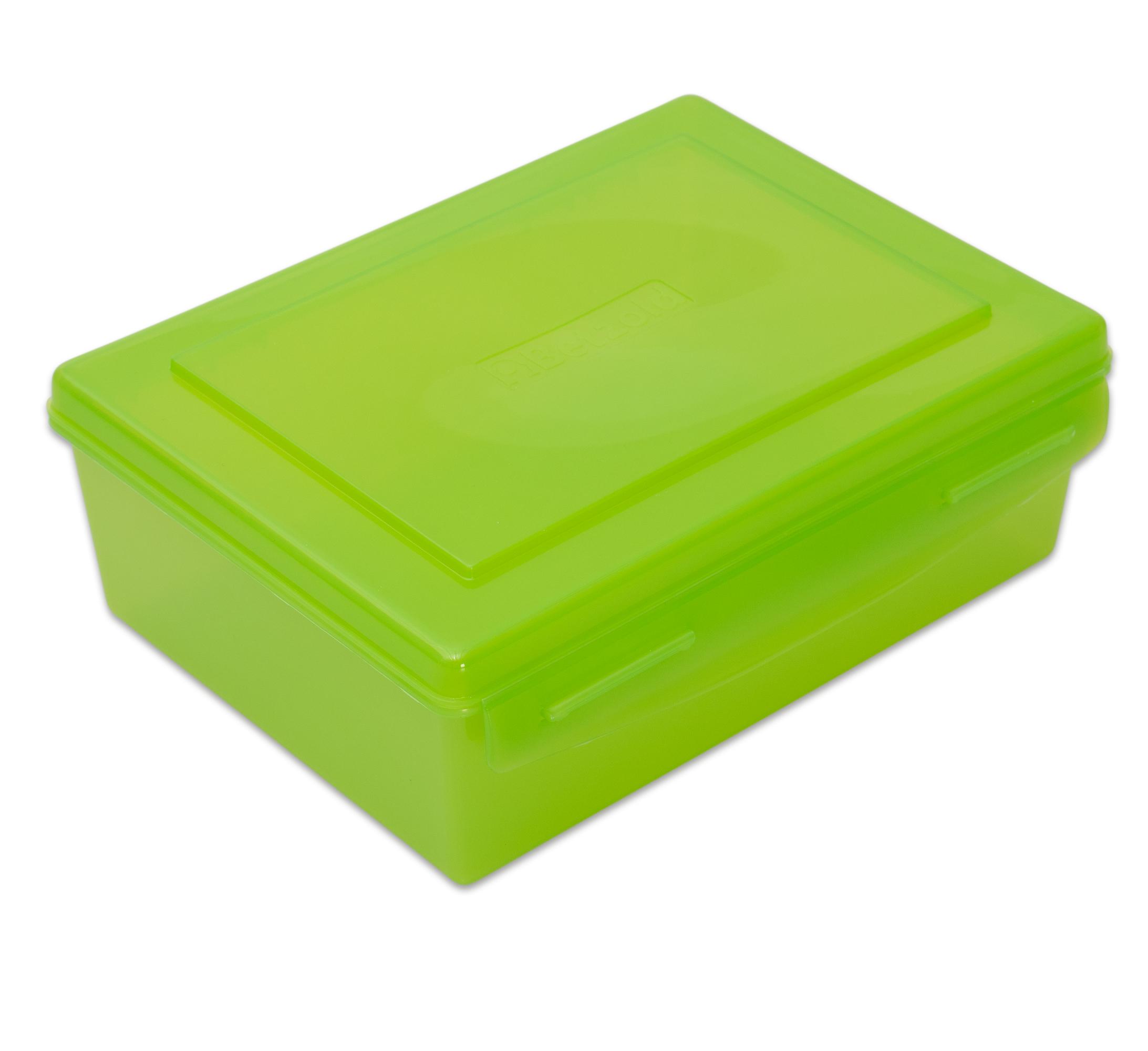 Transparante groene Betzold box van 1,4 liter met een stevig deksel en handige sluitingen.