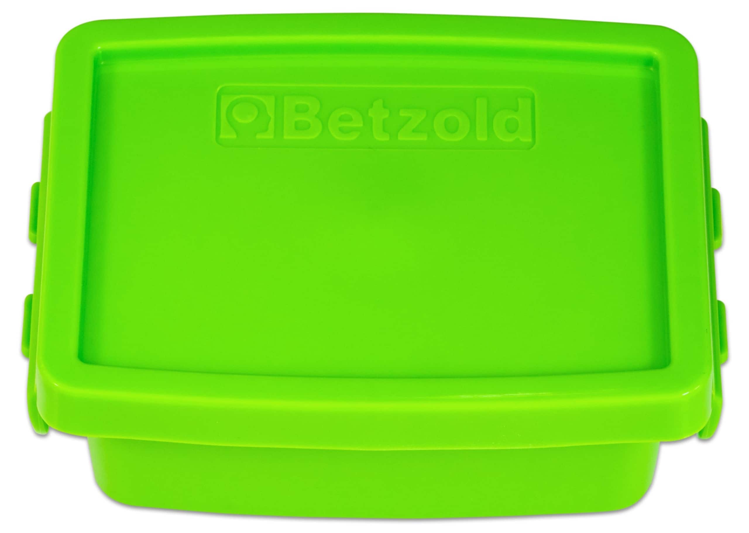Mini opbergdoos van 200ml in felgroen, met een stevig deksel en het logo van Betzold. Perfect voor sorteren en opbergen.
