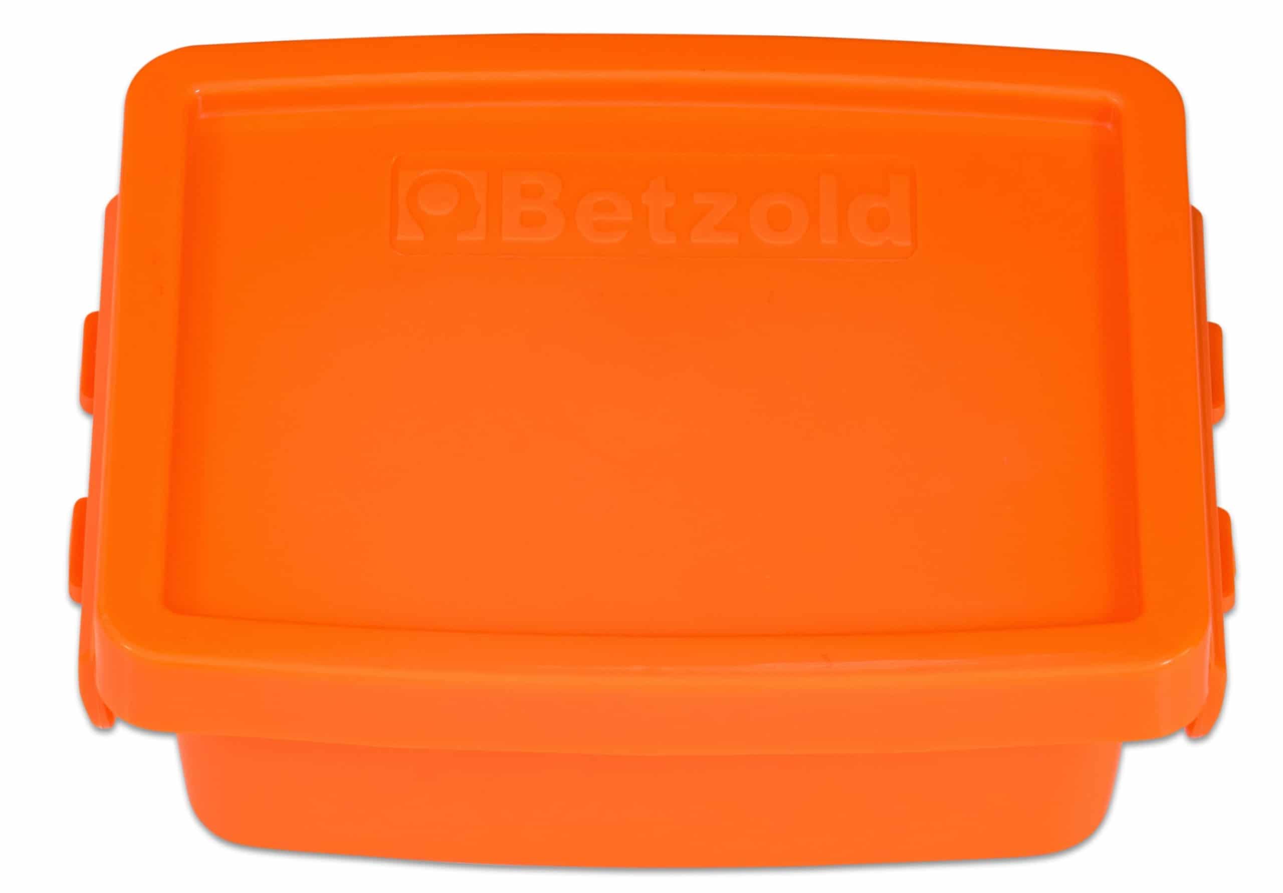 Mini opbergdoos van 200ml in feloranje, met een stevig deksel en handige sluitingen. Ideaal voor sorteren en opbergen.