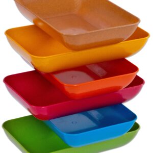 Set van 6 gekleurde sorteerschalen van biokunststof, stapelbaar, afmetingen 47x23x14 cm. Geschikt voor opbergen en sorteren.