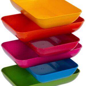 Set van 6 gekleurde sorteerschalen van biokunststof, maten 47x23x14 cm, in rood, geel, groen, blauw, roze en oranje.