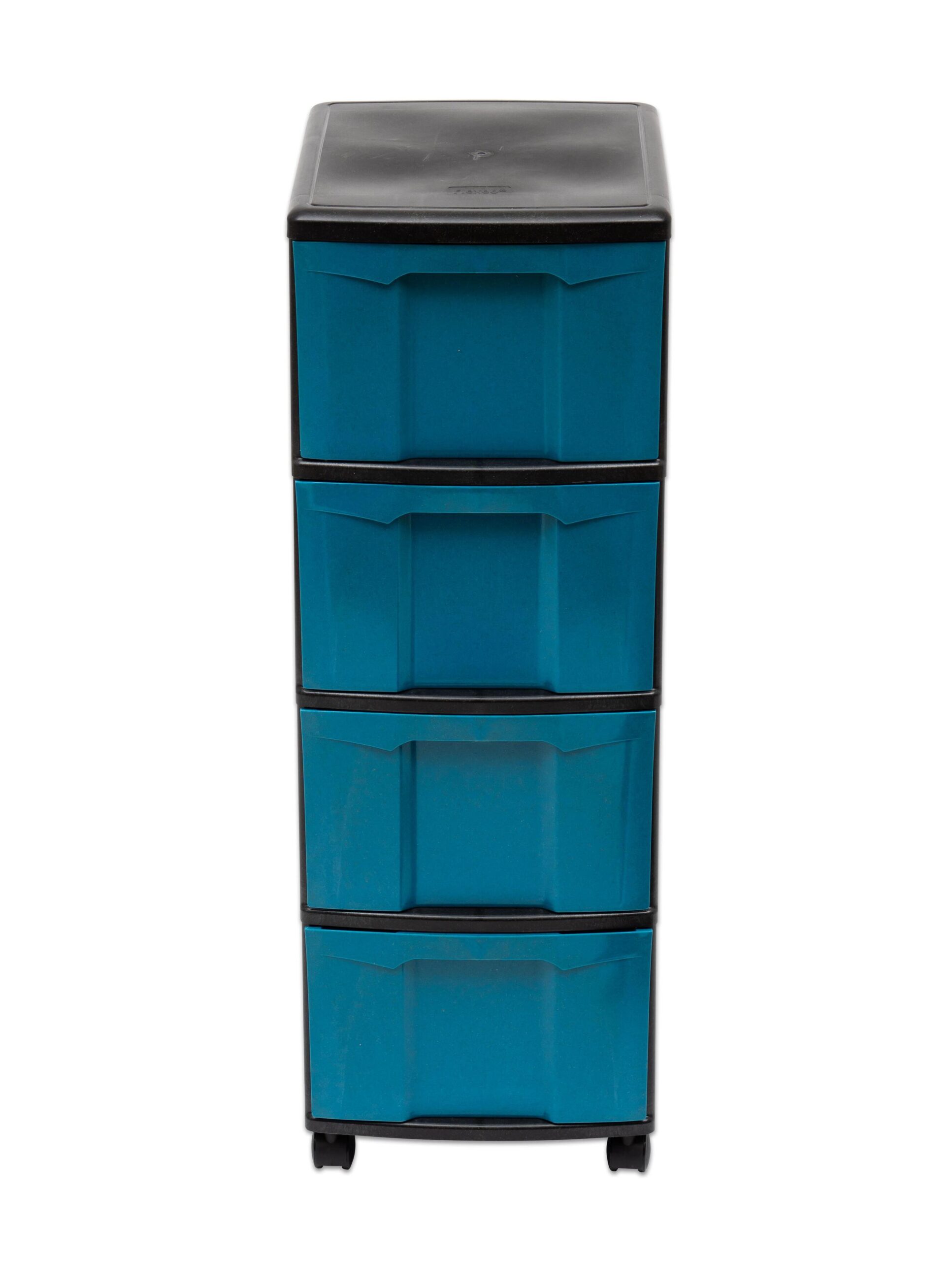 Opslagtoren met vier grote lades in turquoise en zwart, ideaal voor organisatie en opslag.