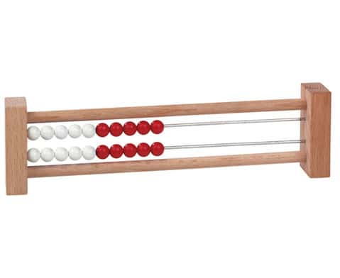 Klein telraam tot 20 van massief beukenhout met witte en rode plastic ballen voor rekenoefeningen.