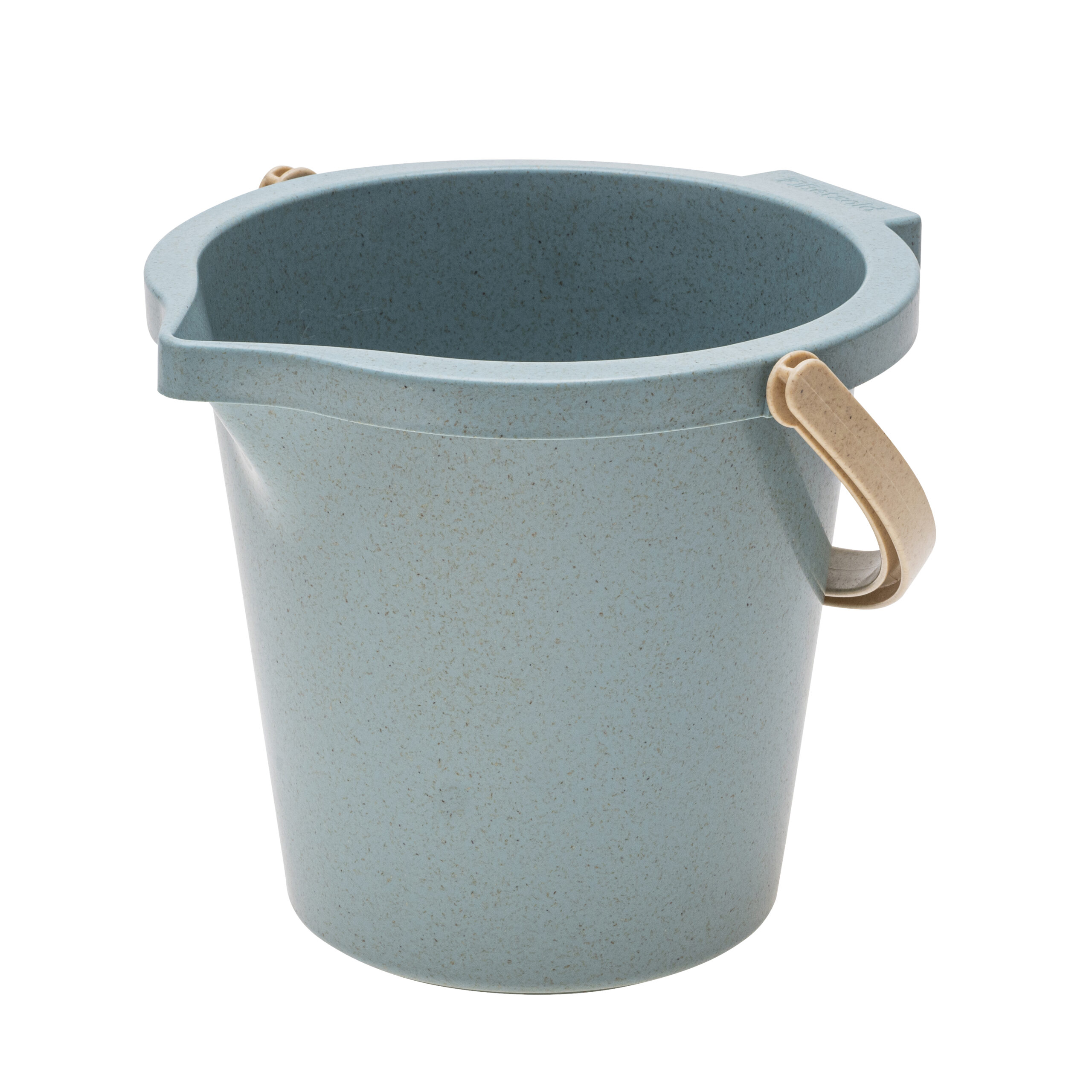 Turquoise emmer met leren handvat, ideaal voor diverse toepassingen in huis en tuin.