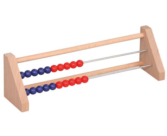 Tafel Telraam 20 met hardhouten frame, roestvrijstalen staven en kunststof kralen in rood en blauw.