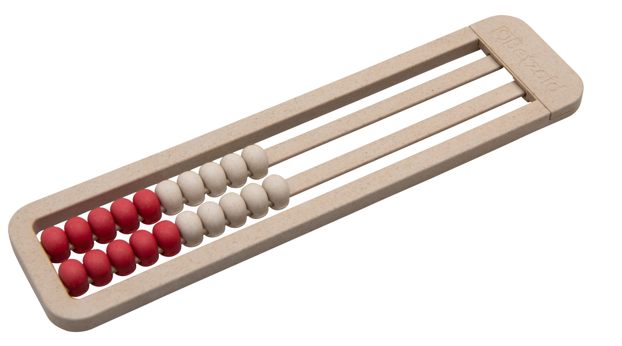 Kleine, rood/witte rekenliniaal met houten kralen in een beige frame, ideaal voor leren en spelen.