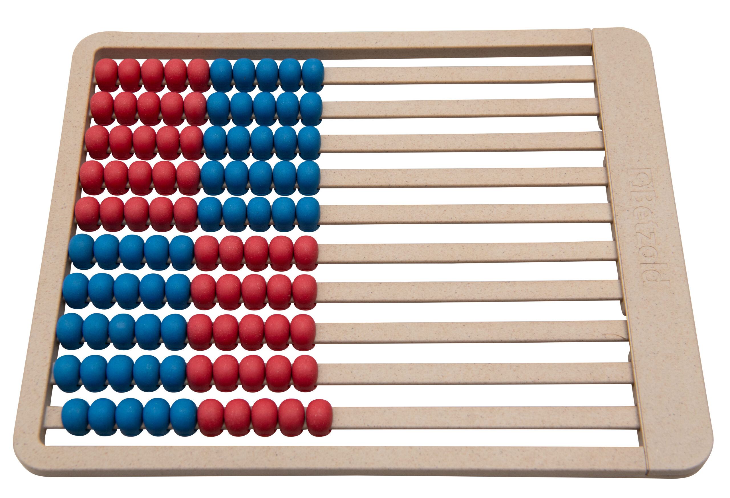 Rekentelraam groot in rood en blauw, met meerdere rijen kralen voor het leren tellen en rekenen.