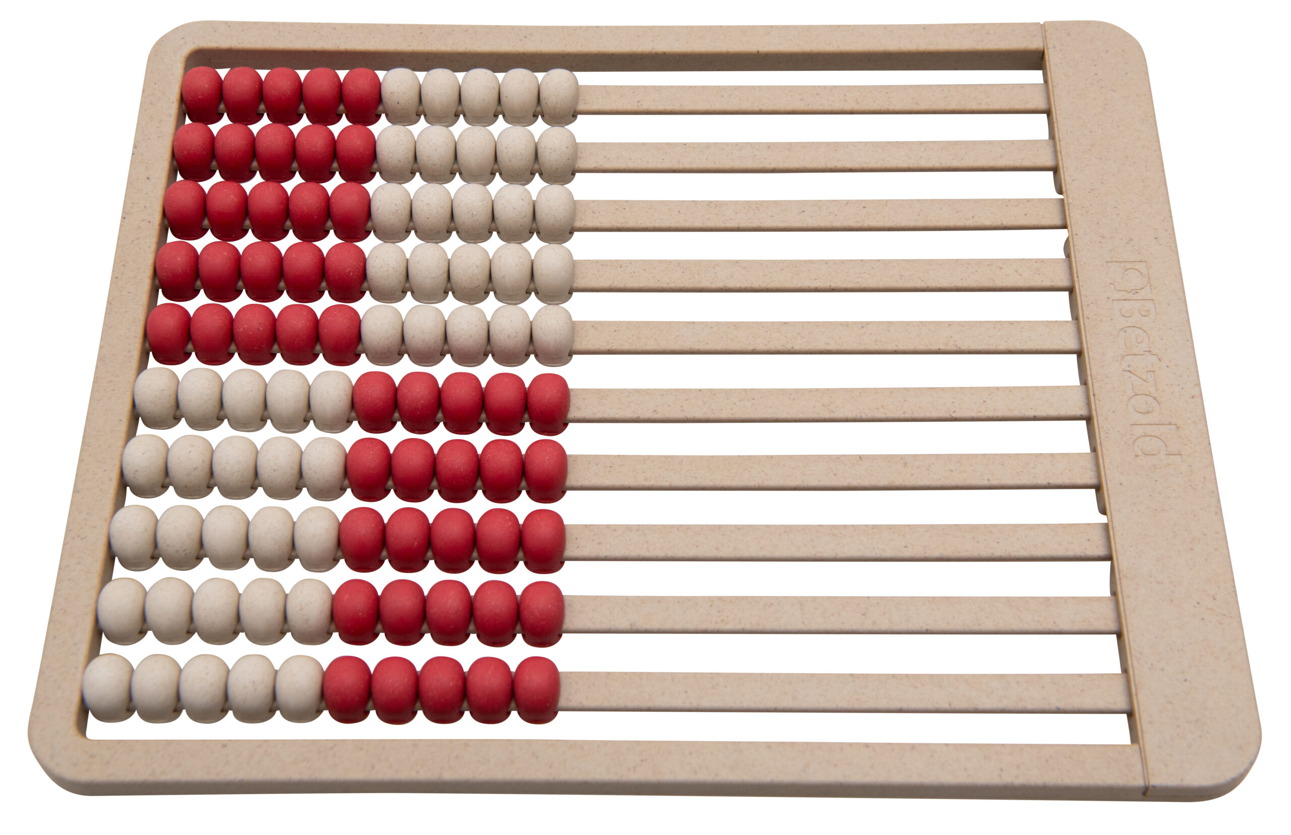 Rekentelraam groot in rood en wit, met houten kralen op meerdere staven voor het leren van rekenen.