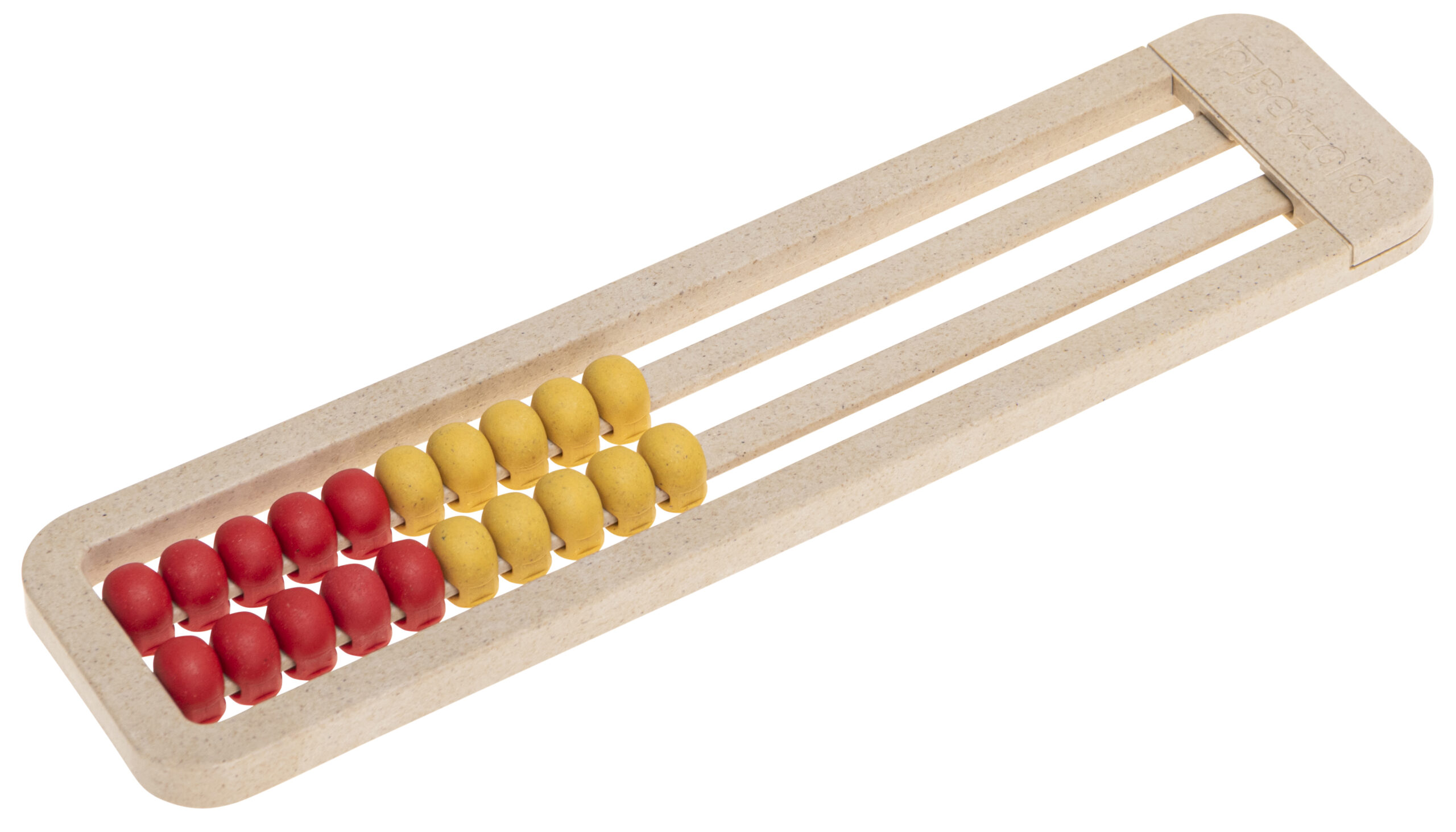 Telraam van treeNside materiaal in rood en geel, met houten kralen op drie staven voor tel- en rekenactiviteiten.