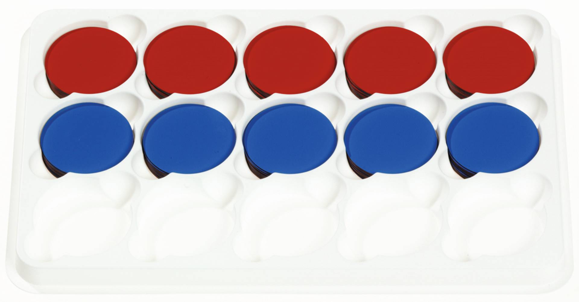 Magnetische schijvenset met rode en blauwe magneten in een witte tray, ideaal voor rekenvaardigheid en patronen.