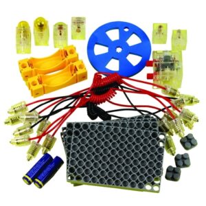 Educatieve elektriciteitsset met batterijen, kabels, lampjes, schakelaars en een blauwe schijf voor experimenten.