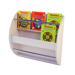 Wand boekenkast met open ontwerp, drie planken en kleurrijke boeken zichtbaar, ideaal voor kinderen om te lezen.
