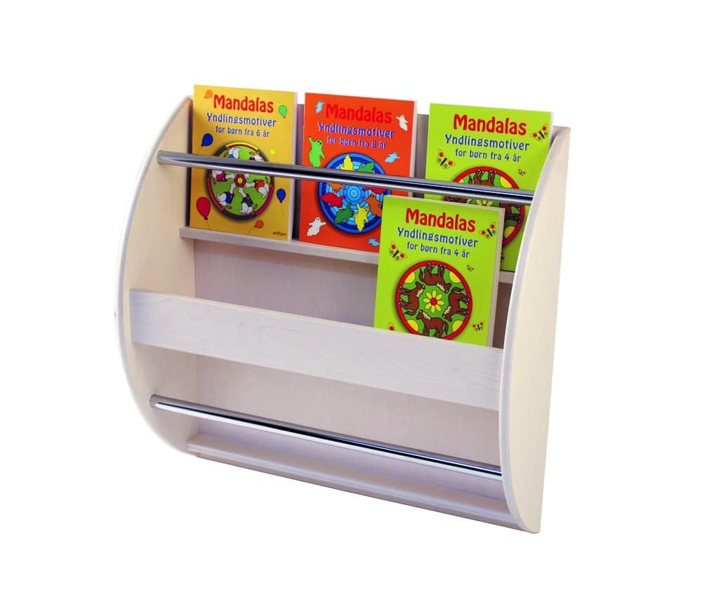 Wand boekenkast met open ontwerp, drie planken en kleurrijke boeken zichtbaar, ideaal voor kinderen om te lezen.