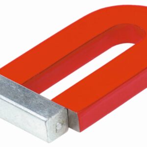 Sterke Alnico magneet in U-vorm, met rode coating en metalen basis, ideaal voor natuurkunde-experimenten.