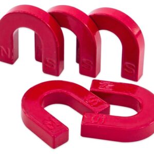 Kleine rode hoefijzervormige ferrietmagneten (3 cm) voor experimenten met magnetisme, set van vier.