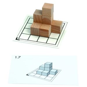 Cubo 3D werkkaarten met houten blokken, moeilijkheidsgraad 1, voor ruimtelijk inzicht en meetkunde.