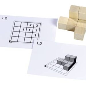 Cubo 3D werkkaarten, moeilijkheidsgraad 2, met voorbeeldafbeeldingen en houten blokjes.